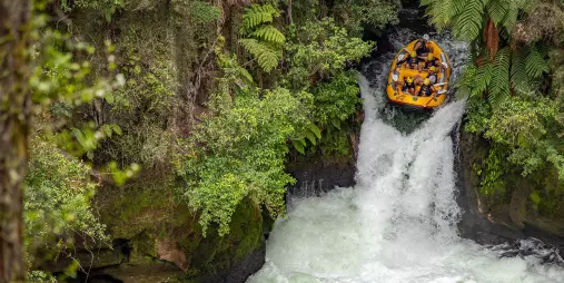 Raft descending Tutea Falls on the Kaituna River with Rotorua Rafting