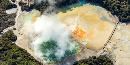 Top-down aerial of Champagne Pool in Wai-O-Tapu Thermal Wonderland, Rotorua