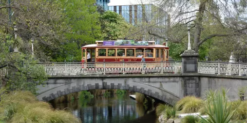 Christchurch Tram 11 crossing Worcester Street Bridge over the Avon River