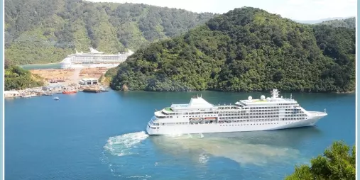 Silver Whisperer cruise ship sailing through Marlborough Sounds.