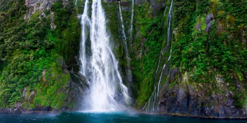 Stirling Falls cascading down lush cliffs into the fjord on a Milford Sound cruise