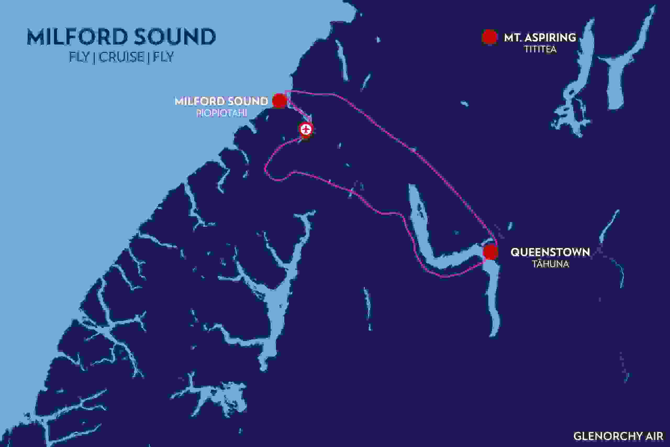 Flight and cruise route map from Queenstown to Milford Sound with return flight path highlighted
