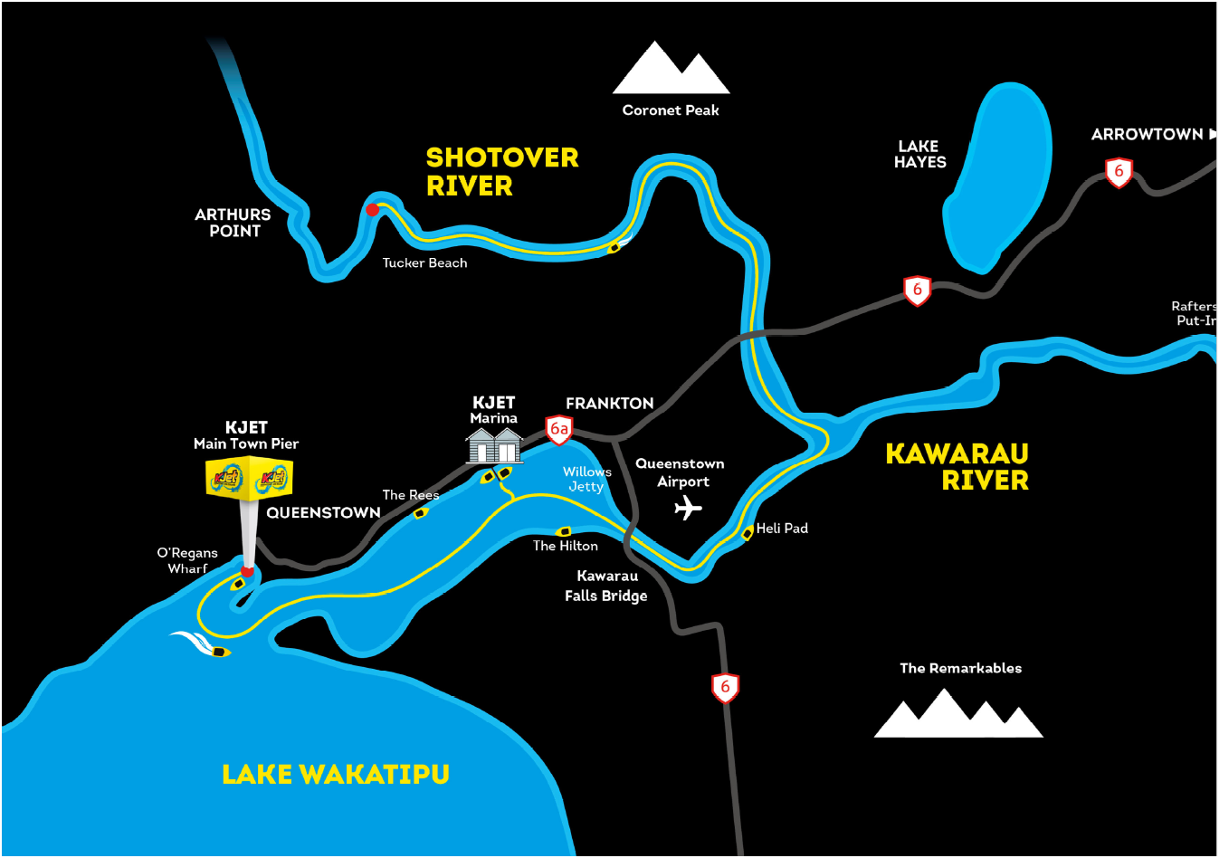KJet map showing Queenstown jet boat routes on the Kawarau and Shotover Rivers