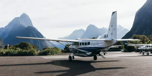 True South plane on the Milford Sound airstrip with Mitre Peak in the background